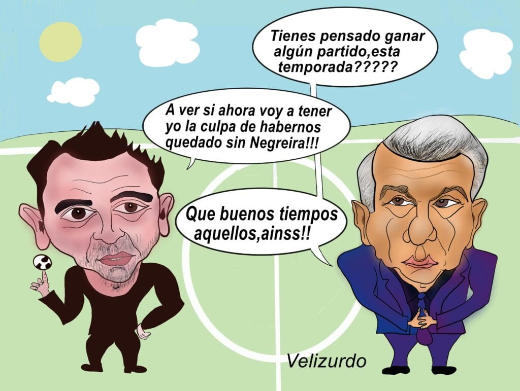 Viñeta de humor de Xavi y Laporta en un entrenamiento