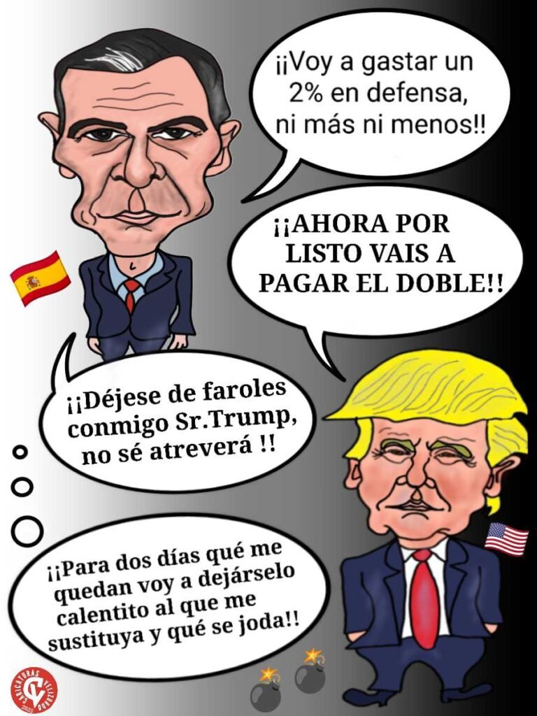 Viñeta de humor de Pedro Sánchez y Donald Trump.